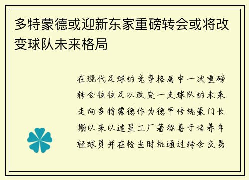 多特蒙德或迎新东家重磅转会或将改变球队未来格局 多特蒙德或迎新东家重磅转会或将改变球队未来格局