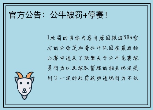 官方公告：公牛被罚+停赛！